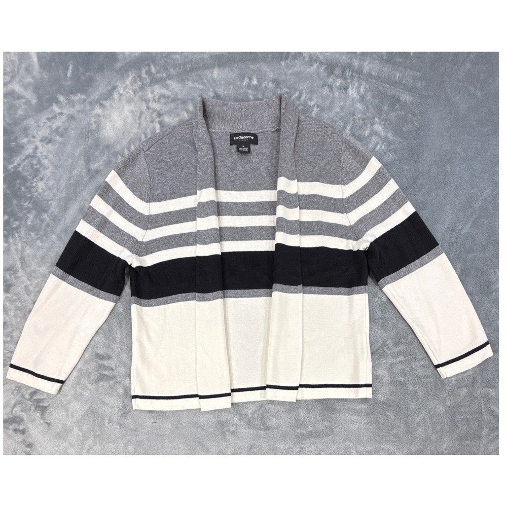 Liz Claiborne Career Womens Grey White Striped Open Front Cardigan Sweater Med